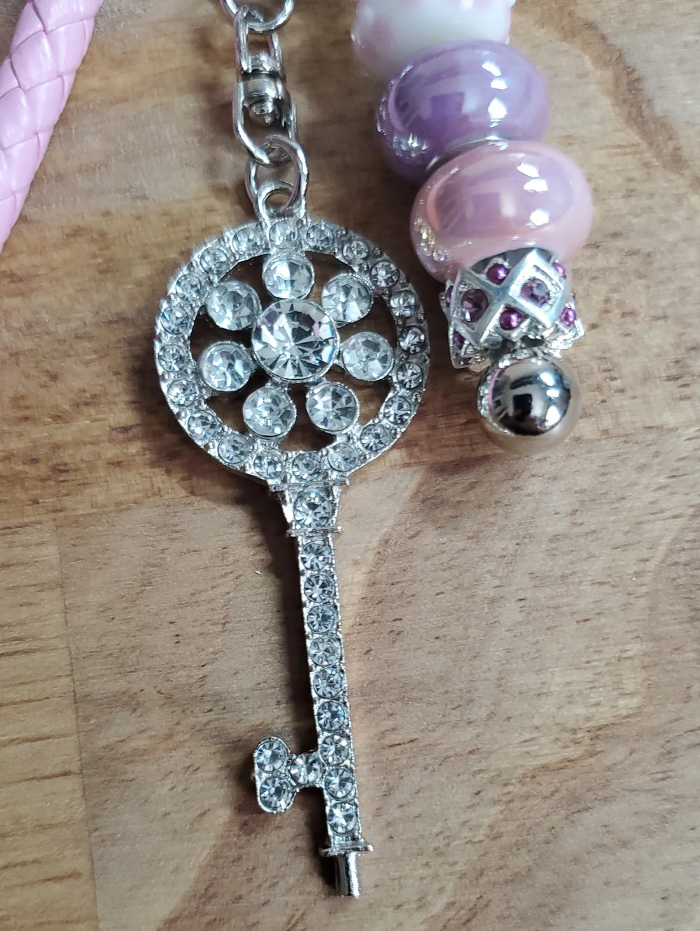 Elegant Pink and Purple Beaded Keychain with Crystal Key Charm